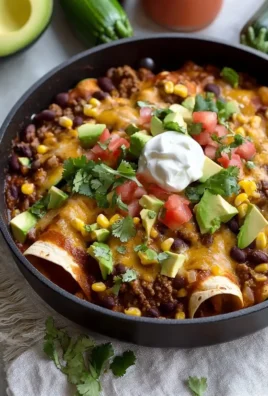 Delicious beef enchiladas served in a skillet with cheese and toppings