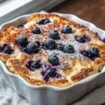 Delicious blueberry buttermilk pancake casserole served in a baking dish