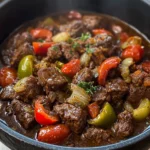 Plate of braised beef with Mediterranean spices garnished with herbs