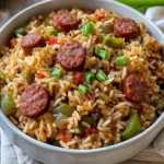 Plate of Cajun Dirty Rice with Smoked Sausage garnished with herbs