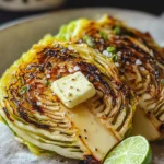 Plate of charred hispi cabbage drizzled with miso butter and sprinkled with smoked salt.