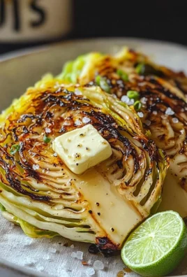 Plate of charred hispi cabbage drizzled with miso butter and sprinkled with smoked salt.