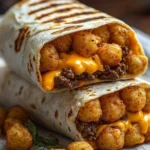 Cheesy potato burritos wrapped in tortillas, showcasing melted cheese and potatoes.