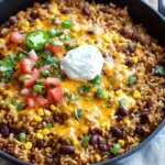 Cheesy taco rice skillet with toppings in a colorful dish.