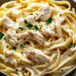 Delicious Chicken Alfredo Pasta served with creamy sauce and garnished with parsley