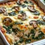 Low-carb oven dish featuring chicken, spinach, and mushrooms