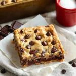 Delicious chocolate chip cookie bars baked fresh and topped with chocolate chips.
