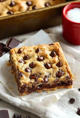 Delicious chocolate chip cookie bars baked fresh and topped with chocolate chips.