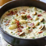Bowl of creamy clam chowder topped with parsley and served with a crusty bread.