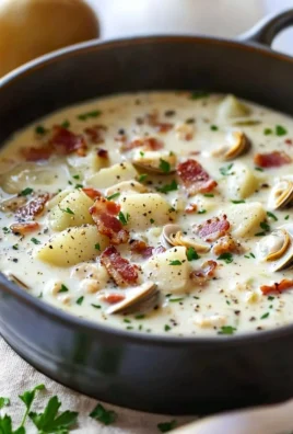 Bowl of creamy clam chowder topped with parsley and served with a crusty bread.