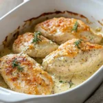 Creamy baked chicken served with vegetables on a plate