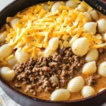 Delicious creamy beef and shells dish served in a bowl