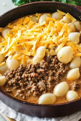 Delicious creamy beef and shells dish served in a bowl