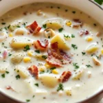 Bowl of creamy clam chowder topped with parsley and crackers.