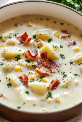 Bowl of creamy clam chowder topped with parsley and crackers.