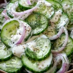 Delicious creamy cucumber salad served in a bowl with fresh herbs