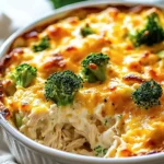 Creamy low carb chicken casserole topped with cheese and herbs in a baking dish