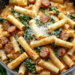 Creamy sausage rigatoni with spinach, garlic, and tomato cream sauce in a bowl