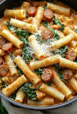 Creamy sausage rigatoni with spinach, garlic, and tomato cream sauce in a bowl