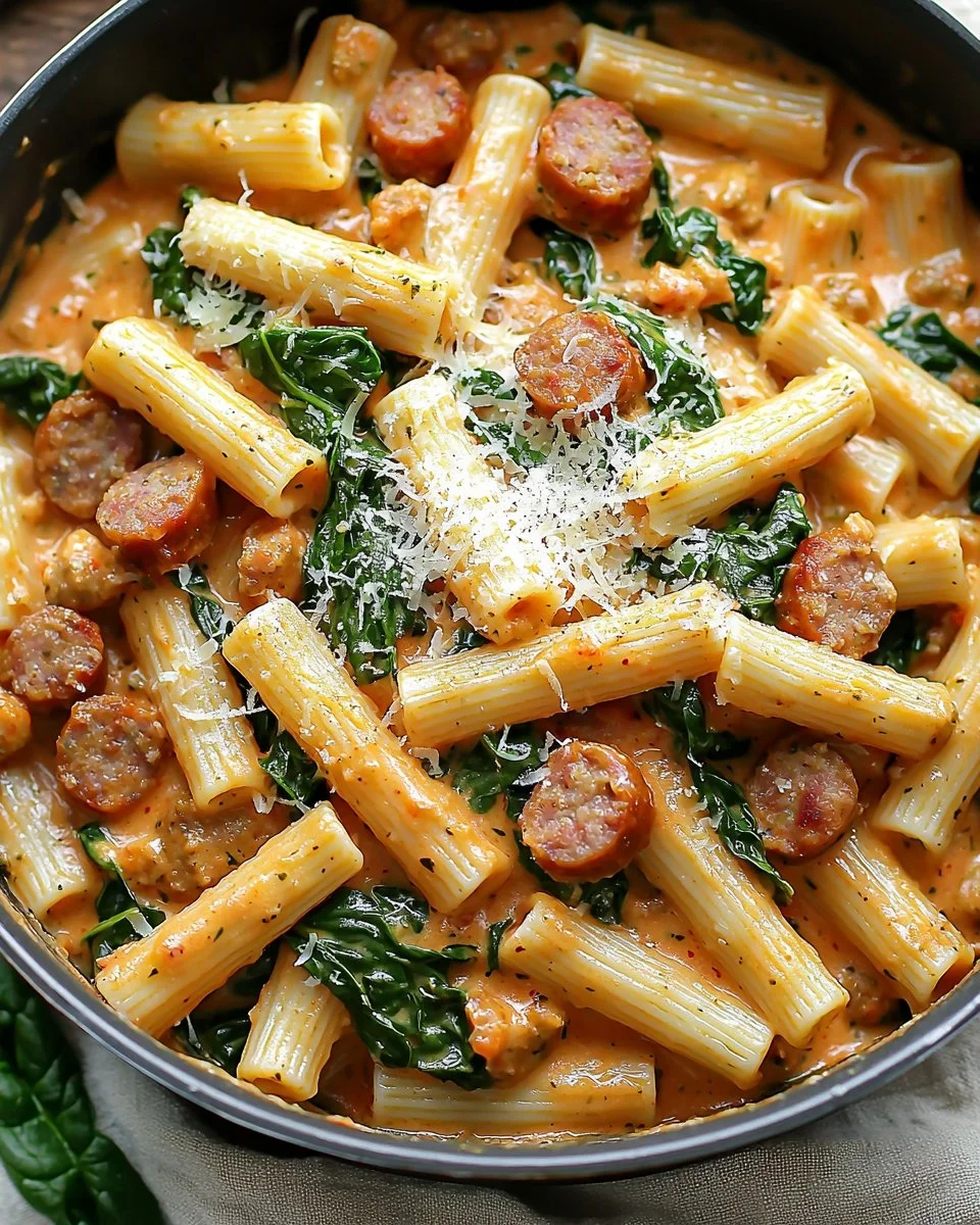 Creamy Sausage Rigatoni with Spinach, Garlic, and Tomato Cream Sauce