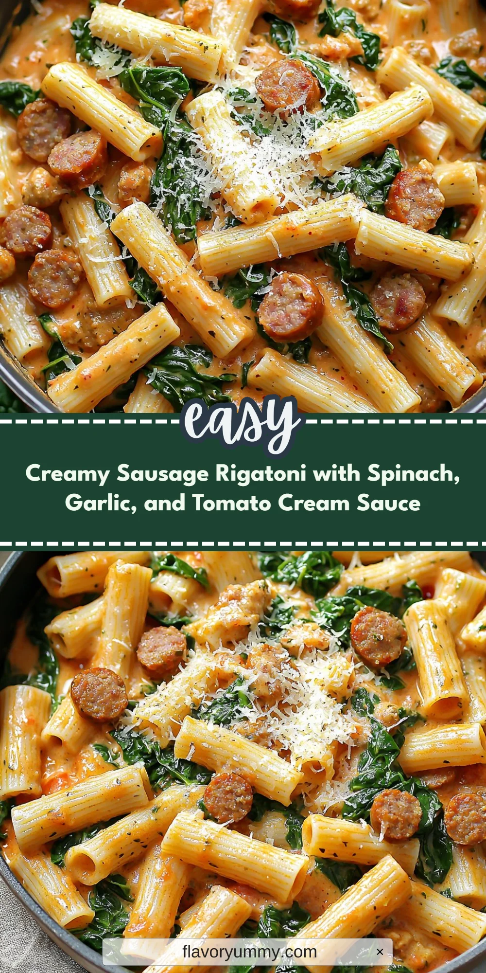 Creamy Sausage Rigatoni with Spinach, Garlic, and Tomato Cream Sauce