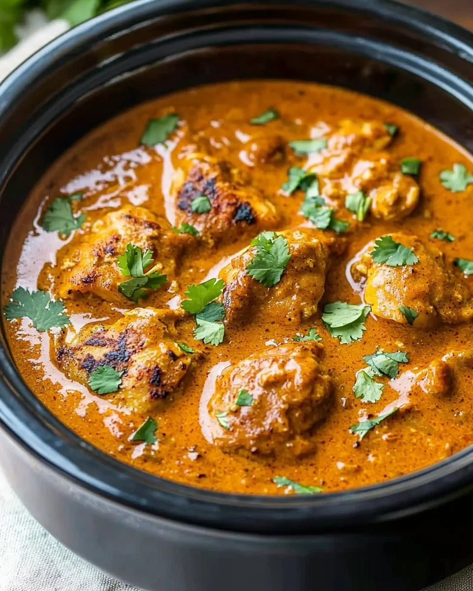A delicious serving of homemade Crockpot Butter Chicken on a plate with rice.