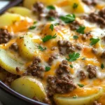 Crockpot Hamburger Potato Casserole with layers of ground beef and potatoes