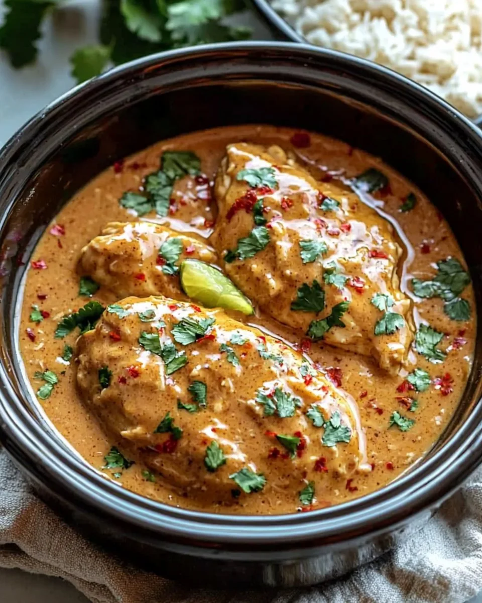 Crockpot Thai Peanut Chicken served with fresh herbs and vegetables