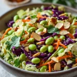 Crunchy cabbage salad with edamame and sesame ginger dressing