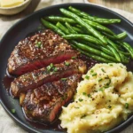 Gourmet steak plated with mashed potatoes and green beans