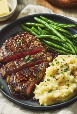 Gourmet steak plated with mashed potatoes and green beans