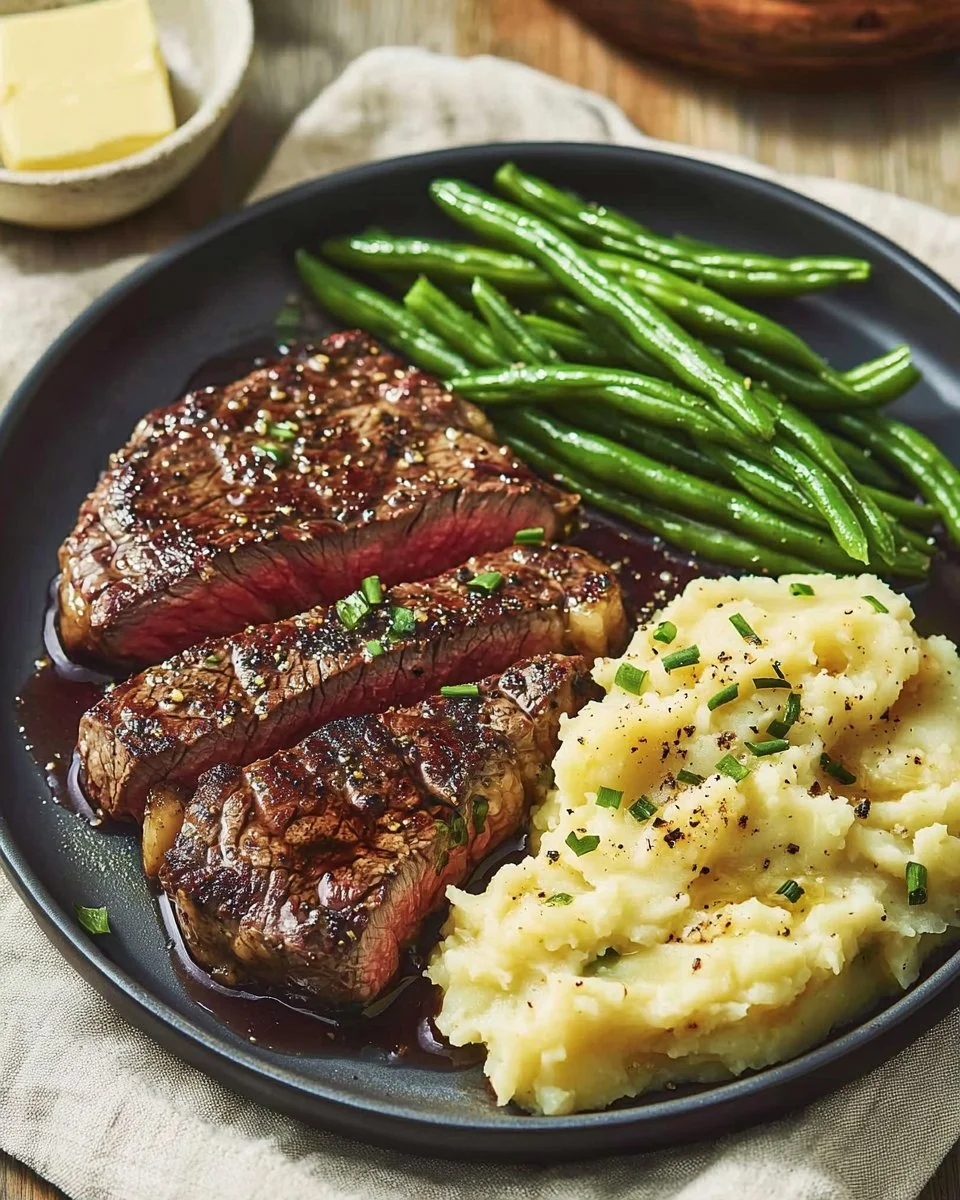 Easy Gourmet Steak with Mashed Potatoes and Green Beans