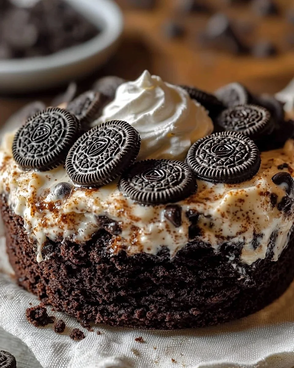 Easy Oreo Dump Cake topped with whipped cream and crushed Oreos