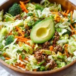 Colorful Egg Roll Salad In A Bowl with fresh vegetables and Asian-inspired flavors.