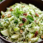 Fennel, apple, and cabbage slaw topped with green mayonnaise served in a bowl