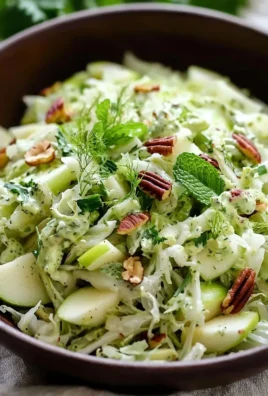 Fennel, apple, and cabbage slaw topped with green mayonnaise served in a bowl
