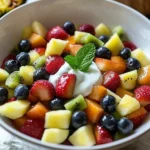 Colorful fruit salad with honey yogurt dressing served in a bowl