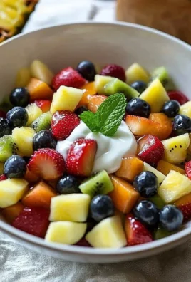 Colorful fruit salad with honey yogurt dressing served in a bowl