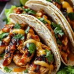 Delicious Garlic Butter Honey BBQ Chicken Tacos garnished with fresh toppings
