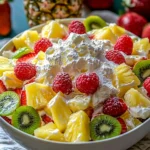 Delicious Hawaiian Cheesecake Salad topped with fresh fruits and creamy texture