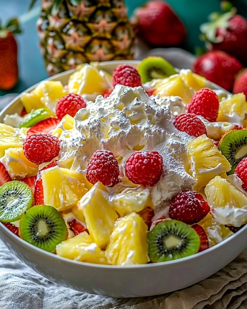 Delicious Hawaiian Cheesecake Salad topped with fresh fruits and creamy texture