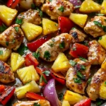 Hawaiian Chicken Sheet Pan with colorful vegetables and pineapple glaze