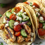 Delicious Mediterranean Chicken Tacos served with fresh vegetables and herbs.