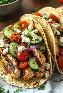 Delicious Mediterranean Chicken Tacos served with fresh vegetables and herbs.