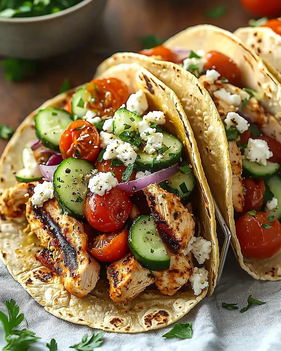 Delicious Mediterranean Chicken Tacos served with fresh vegetables and herbs.