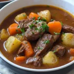 Bowl of hearty beef stew with vegetables and tender meat