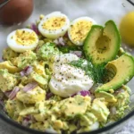 Herby avocado egg salad served in a bowl with fresh herbs and spices.