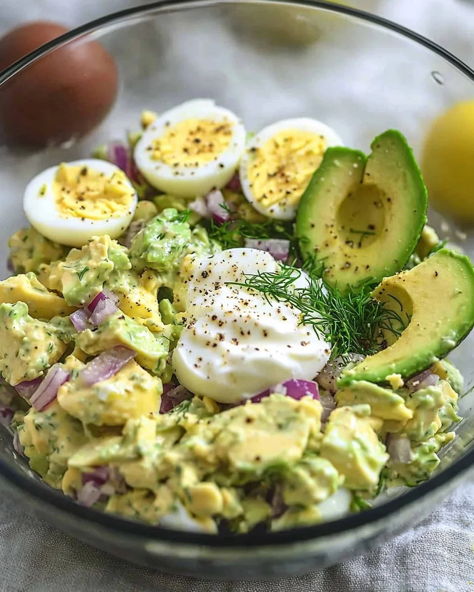 Herby avocado egg salad served in a bowl with fresh herbs and spices.