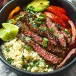 High protein steak fajita bowl with grilled steak and colorful vegetables