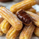 Plate of homemade churro bites drizzled with Nutella